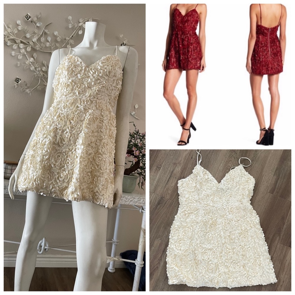 Alpha Omega Cream Ruffle Faux Leather Floral Mini Dress.